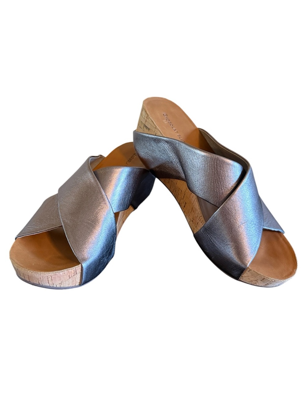 Chocolat Blu Metallic Pewter Leather Cork Wedge Slide Sandals Sz 11